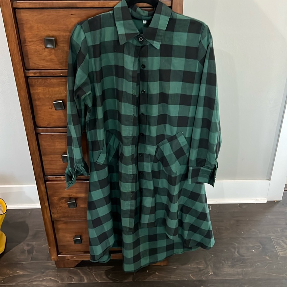 Green and black check dress